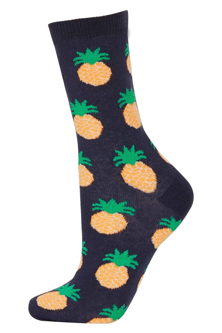 Pineapple Ankle Socks, Main, color, NAVY BLUE