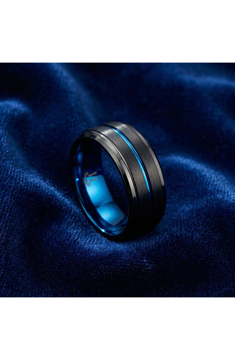 Bliss Diamond Men's Black & Blue Tungsten Ring Brushed Beveled Step Cut Wedding Band, Alternate, color, Black Tungsten