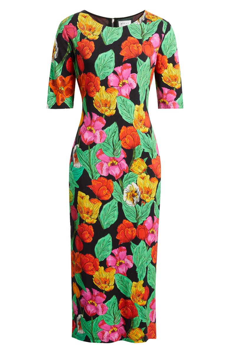 Milly Tulip Rosette Jersey Midi Dress, Alternate, color, Black Multi
