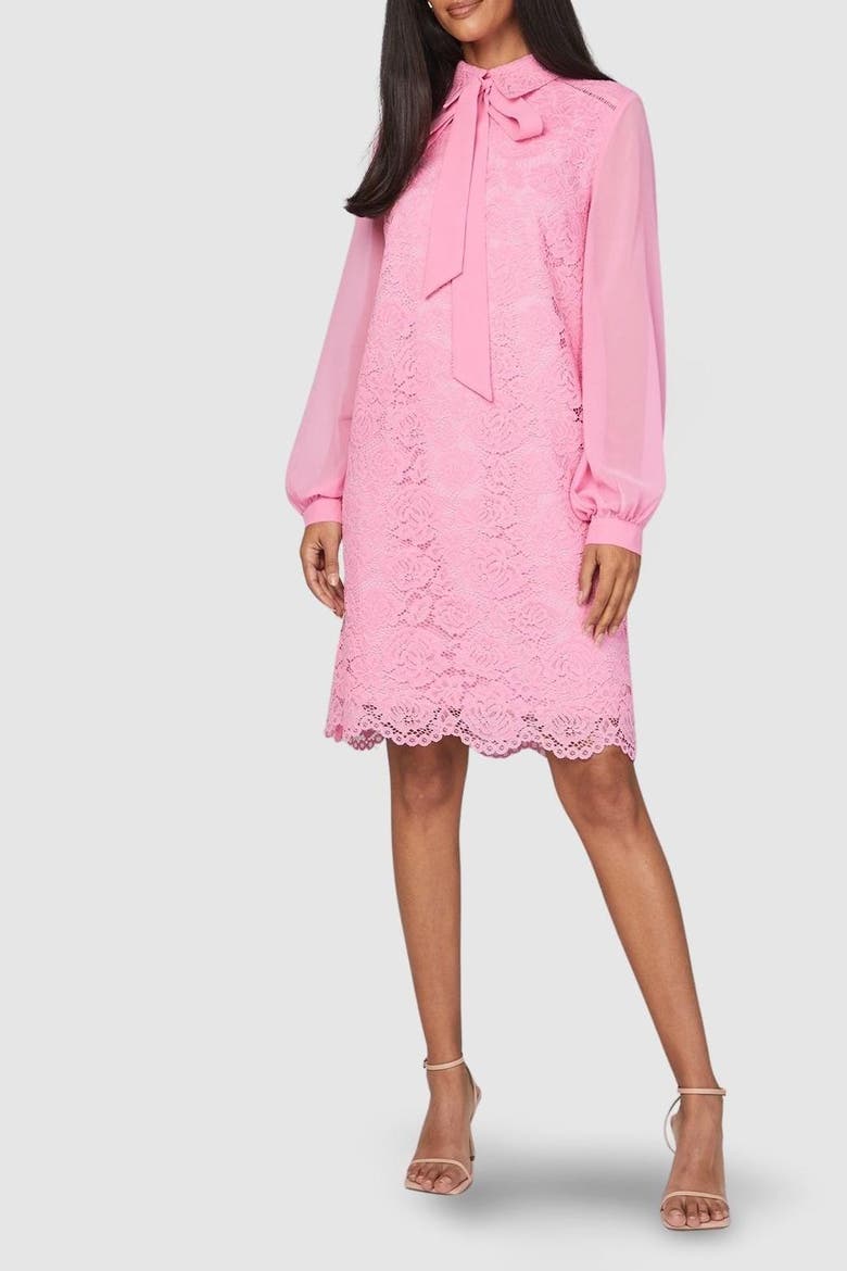 Lace Tie Neck Shift Dress, Alternate, color, Pink