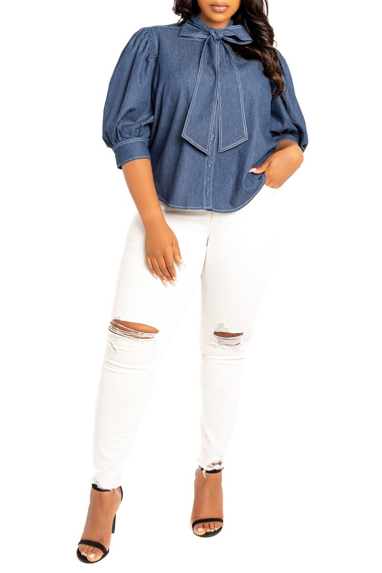 Bow Neck Denim Shirt, Alternate, color, DENIM BLUE