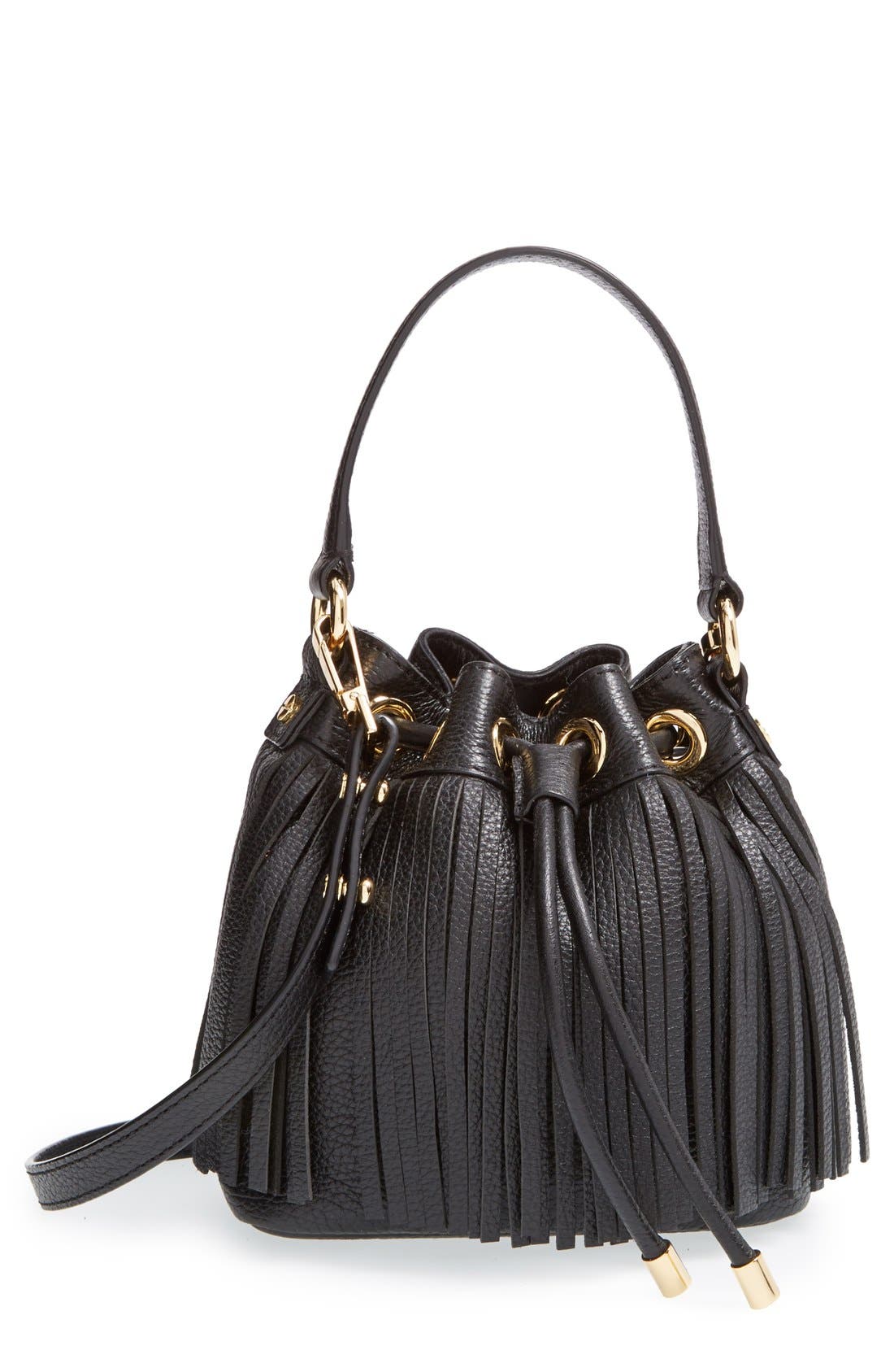'Small Essex' Fringed Leather Bucket Bag, Main, color, BLACK
