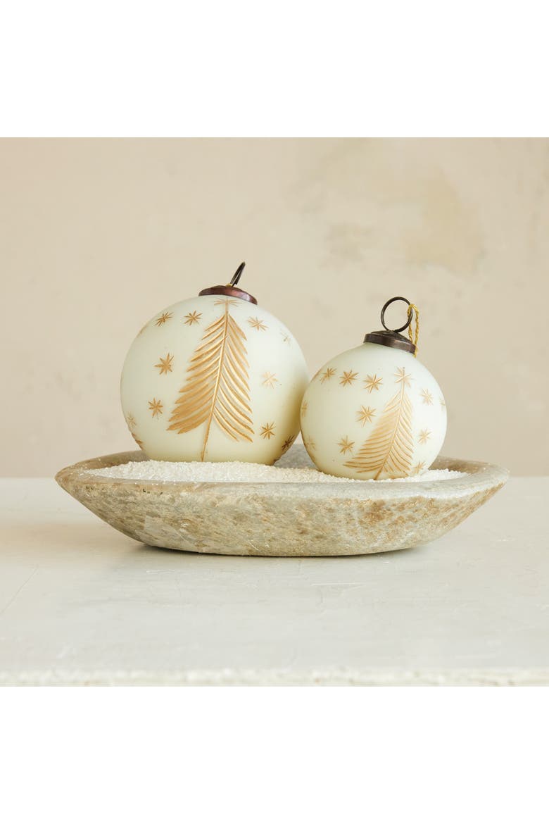 Round Hand-Painted Glass Ball Ornament with Etched Trees and Stars, Matte Ivory Color and Gold Finish, Alternate, color, Ivory