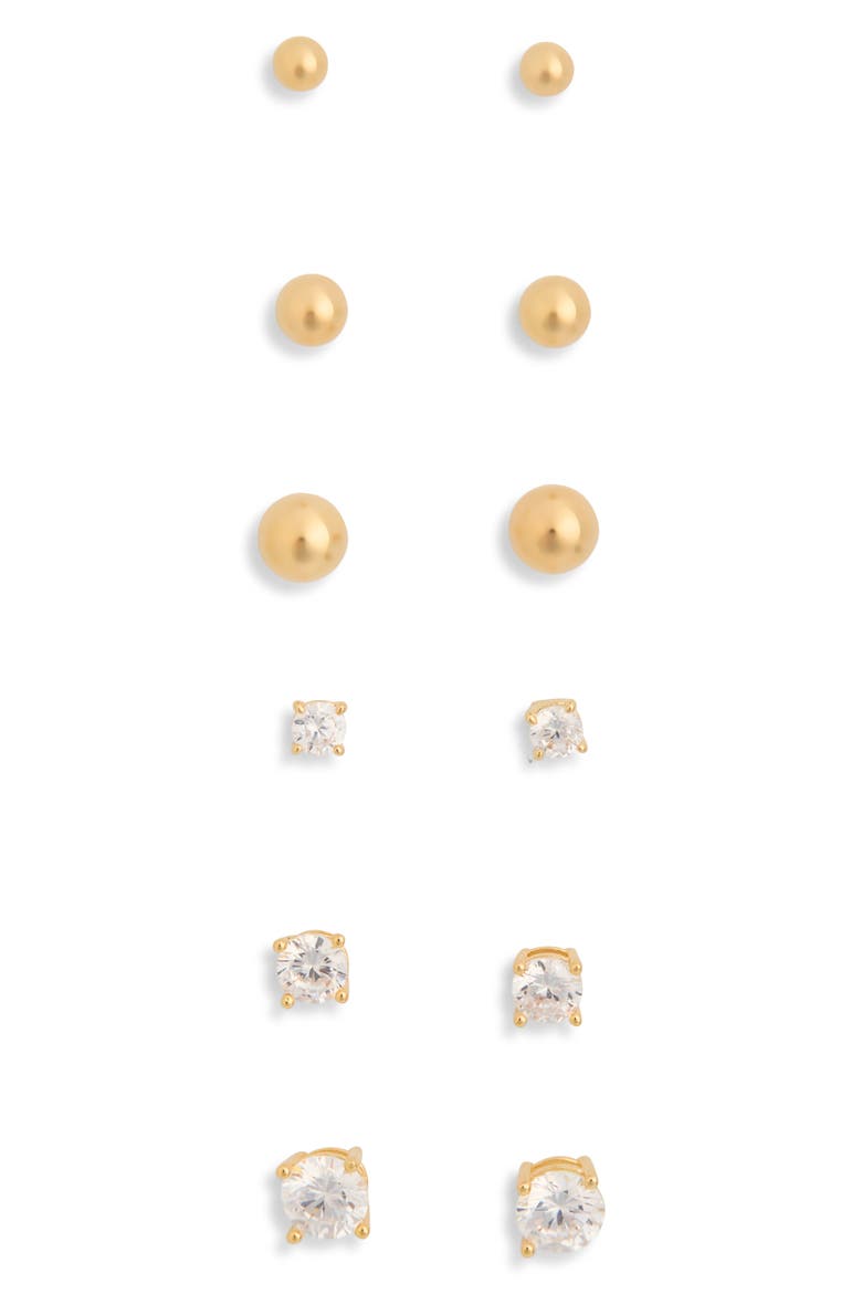 Set of 6 Ball & Cubic Zirconia Stud Earrings, Main, color, CLEAR- GOLD