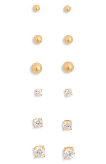 Nordstrom Rack Set Of 6 Ball & Cubic Zirconia Stud Earrings In Clear- Gold