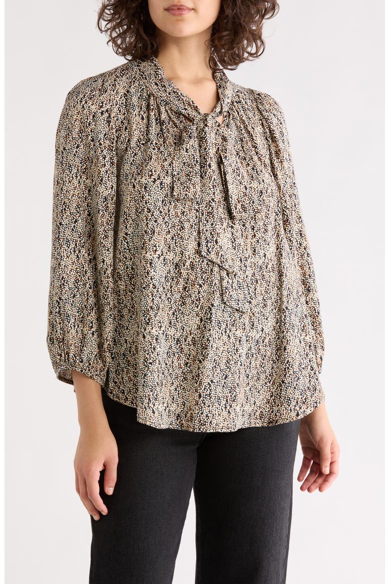 Tie Neck Long Sleeve Top, Main, color, BLACK