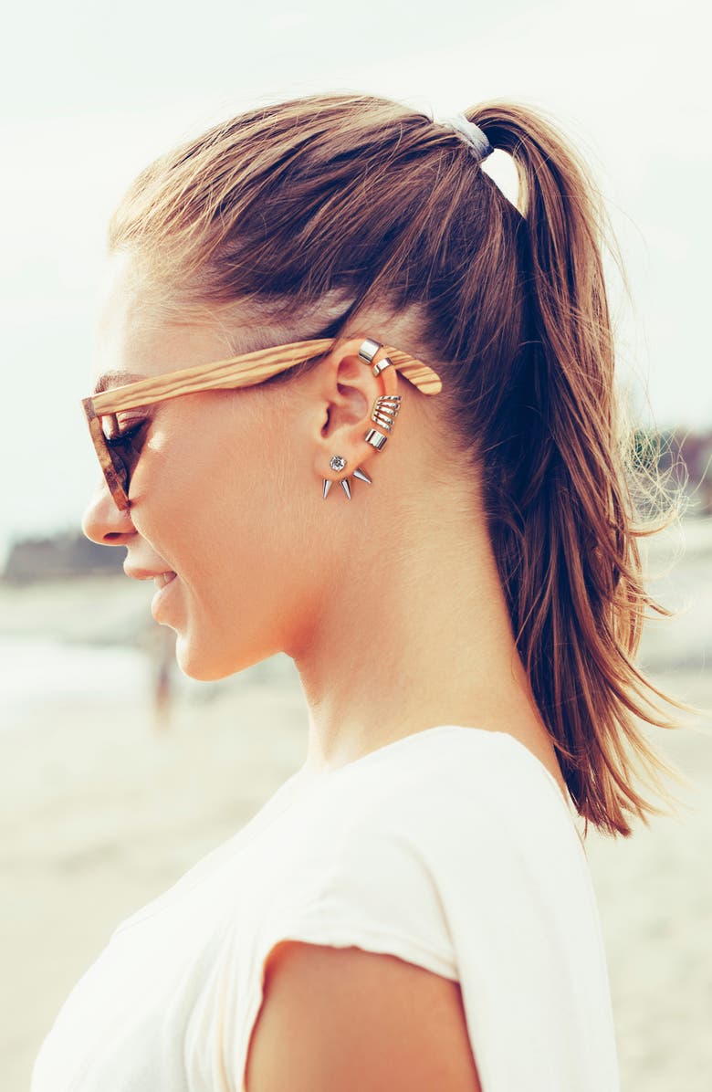 BLING JEWELRY Sterling Silver Geometric Sliced Single Cuff Earring, Alternate, color, Silver