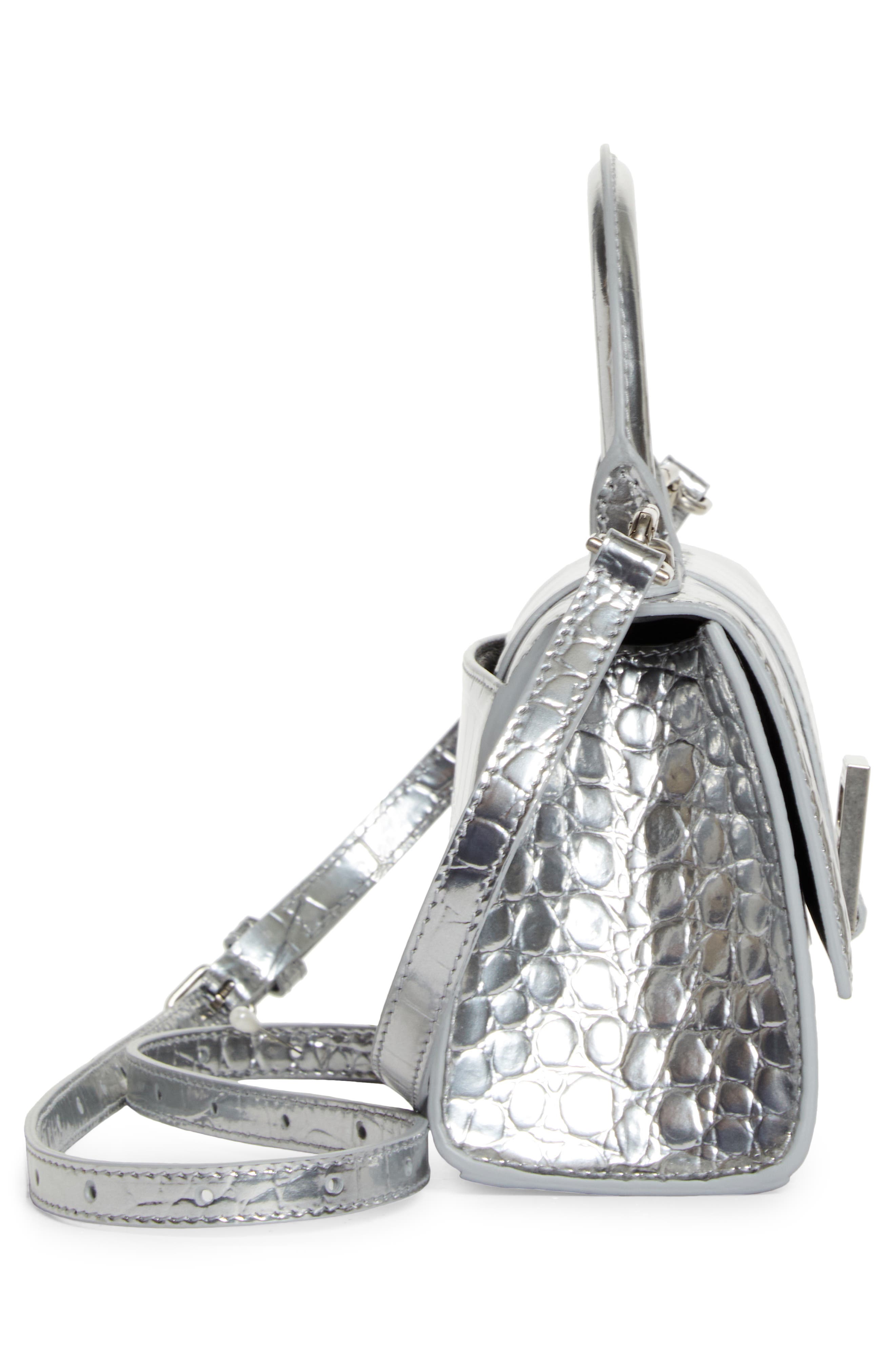 Balenciaga Extra Small Hourglass Croc Embossed Metallic Leather Top Handle Bag, Alternate, color, 