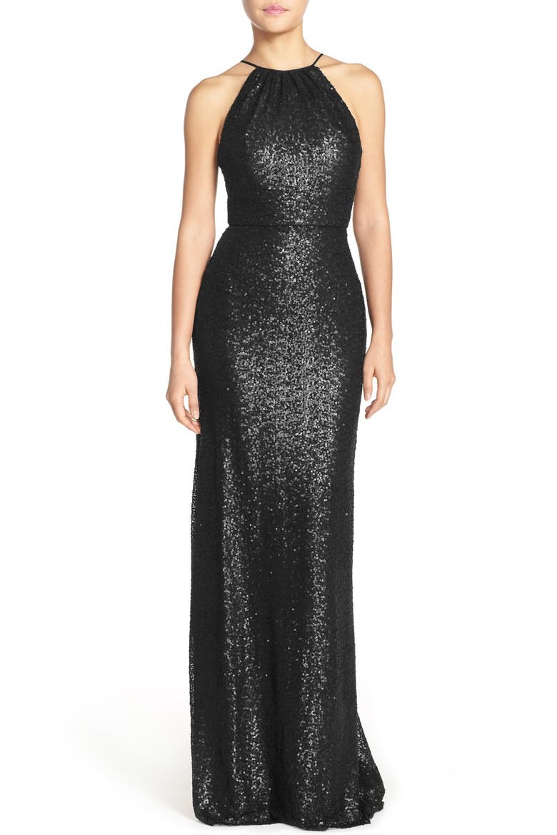 'Chandler' Sequin Tulle Halter Style Gown, Main, color, BLACK