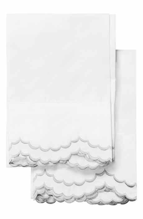 Set of 2 Double Scallop Embroidered 300 Thread Count Cotton Pillowcases