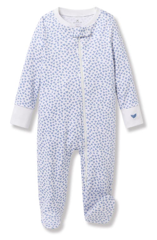 Petite Plume Heart Print Pima Cotton Zip Footie In Blue