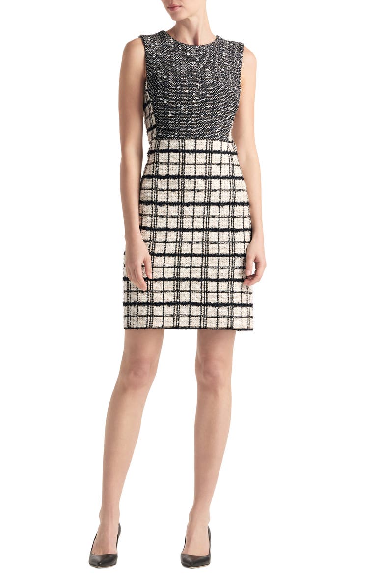 Plaid Sleeveless Tweed Knit Sheath Dress, Main, color, ECRU/ BLACK MULTI