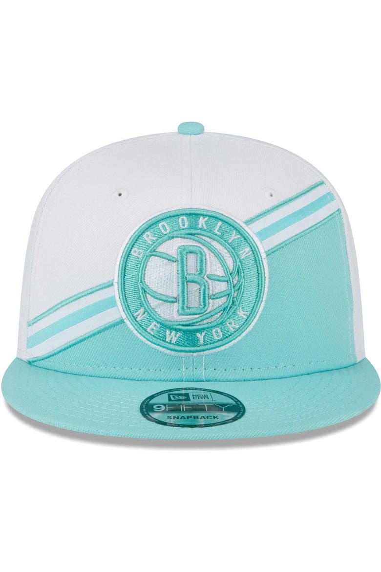 Men's New Era White/Turquoise Brooklyn Nets Diagonal Split 9FIFTY Snapback Hat, Alternate, color, White