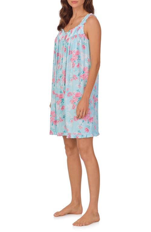 Eileen West Floral Sleeveless Short Jersey Chemise In Aqua Fl