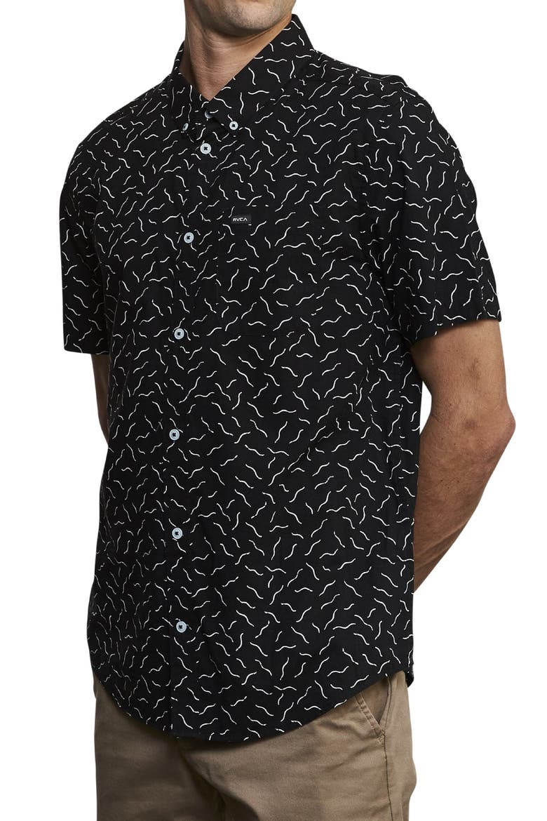 Squiggle Print Short Sleeve Button-Down Shirt, Alternate, color, RVCA BLACK