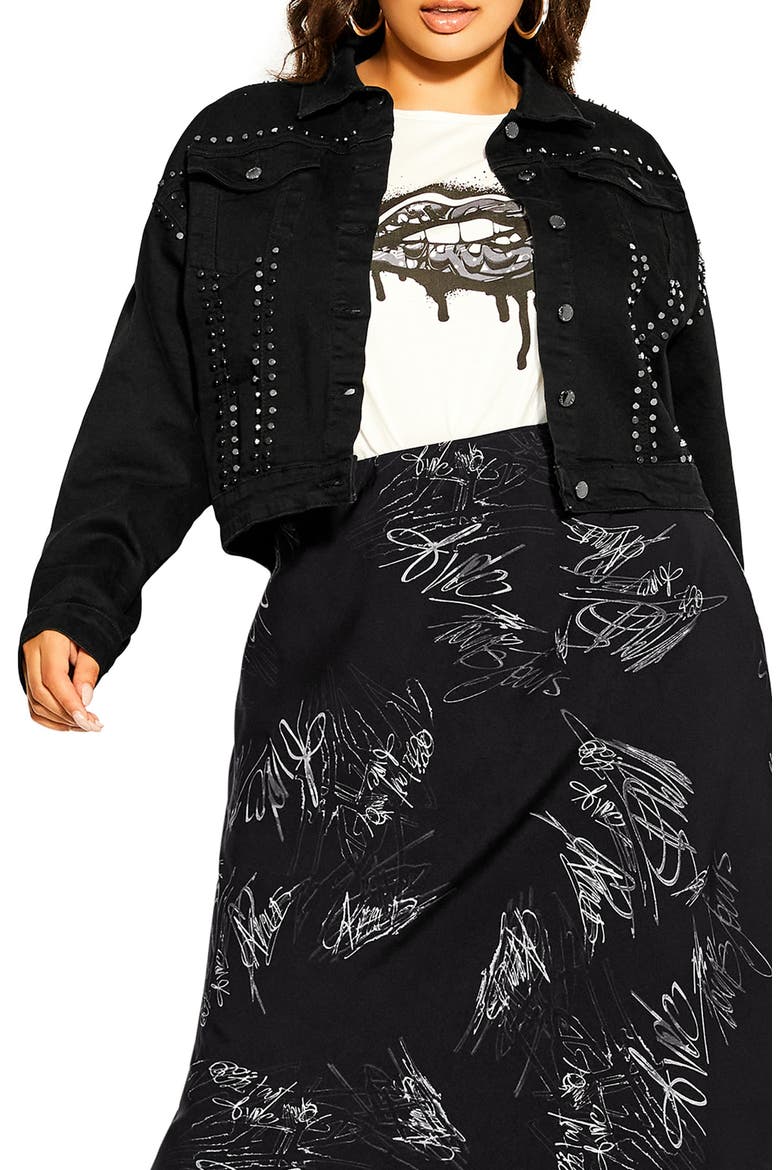 Rock Stud Denim Jacket, Main, color, BLACK