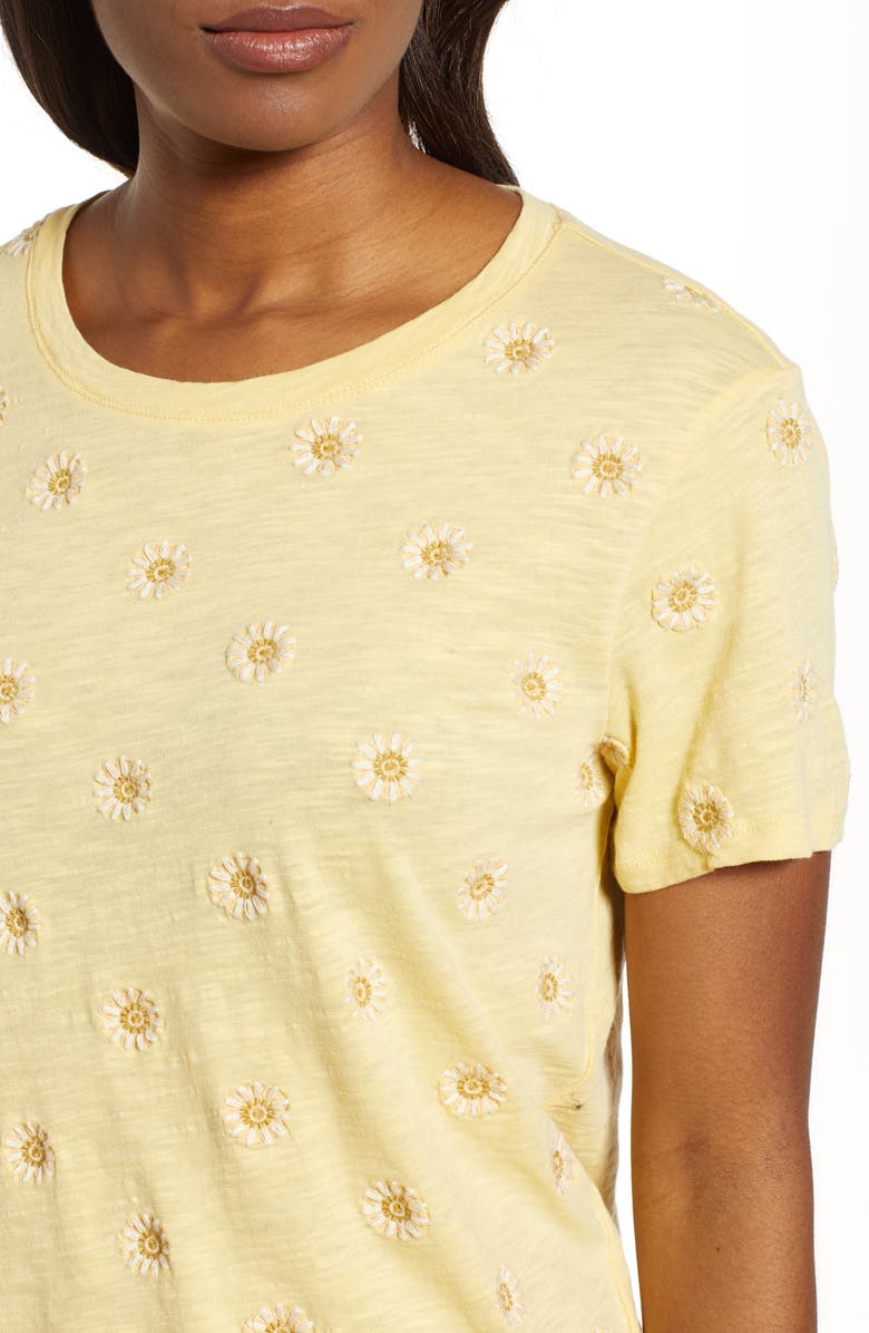 Lucky Brand Daisy All Over Embroidered Cotton Tee, Alternate, color, Yellow