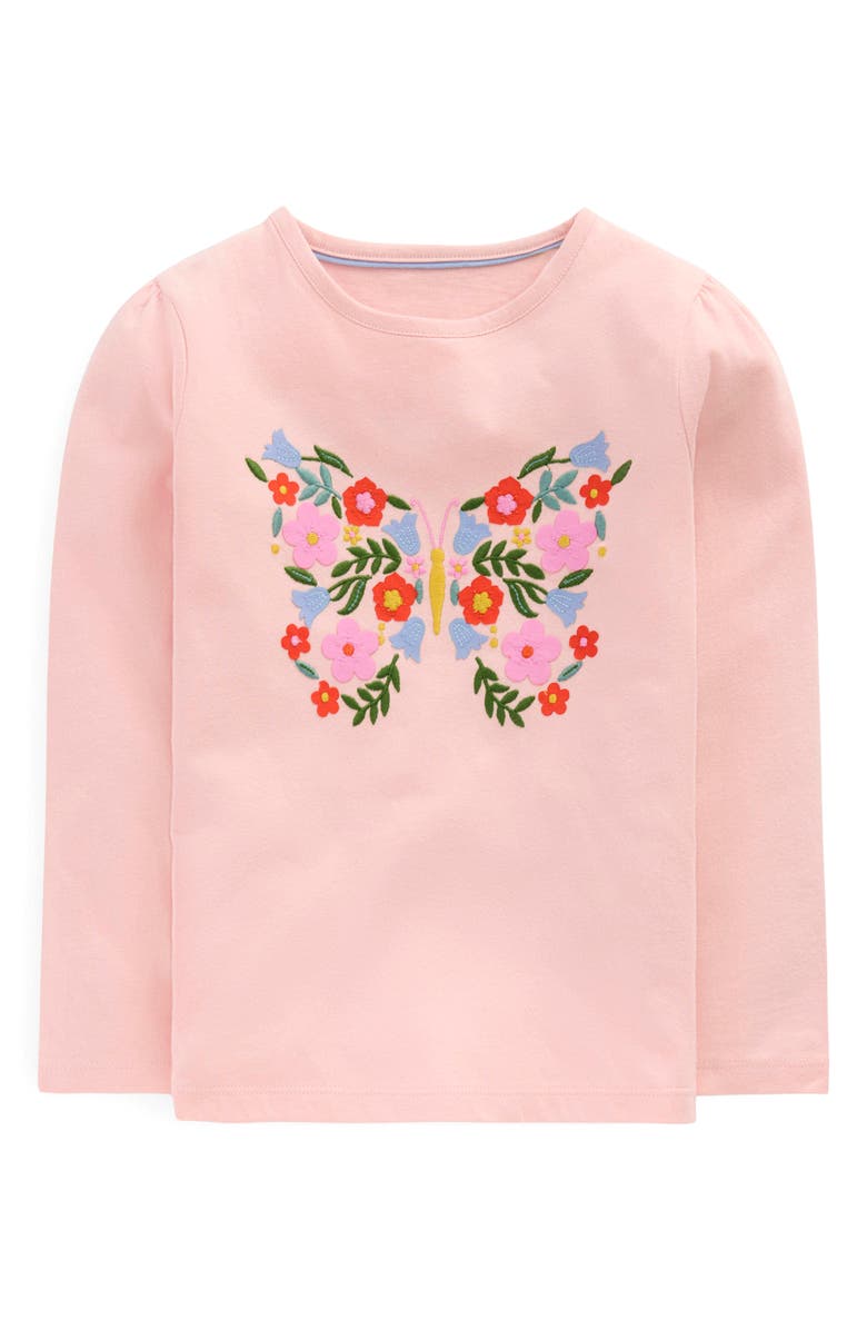 Mini Boden Kids' Puff Sleeve Appliqué T-Shirt, Main, color, Chalk Pink Butterfly