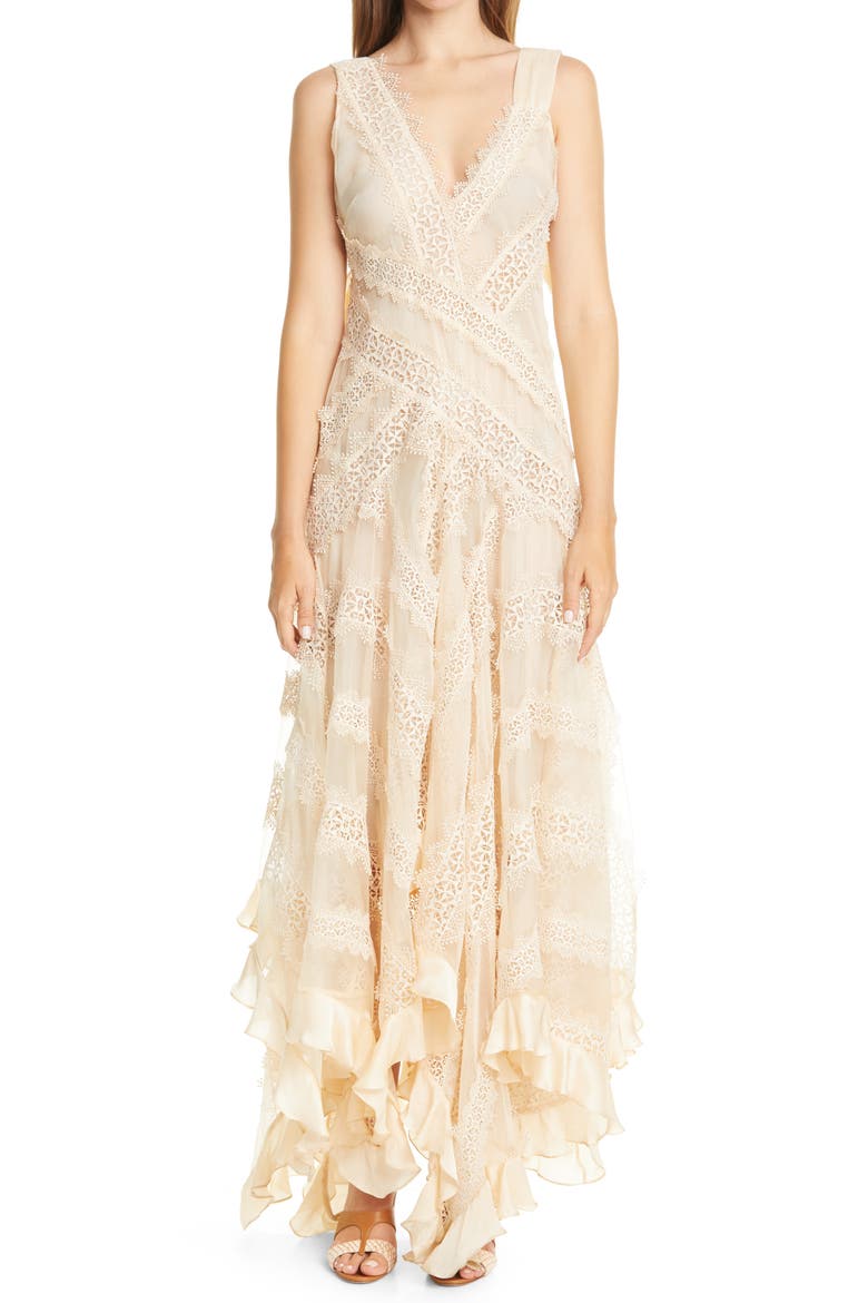 Charm Star Lace & Ruffle Trim Silk Dress, Main, color, CREAM