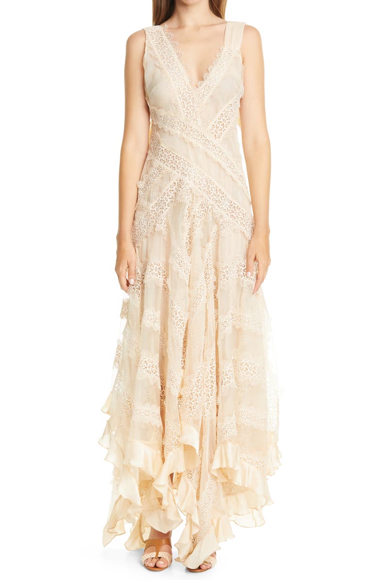 Zimmermann Charm Star Lace & Ruffle Trim Silk Dress, Main, color,