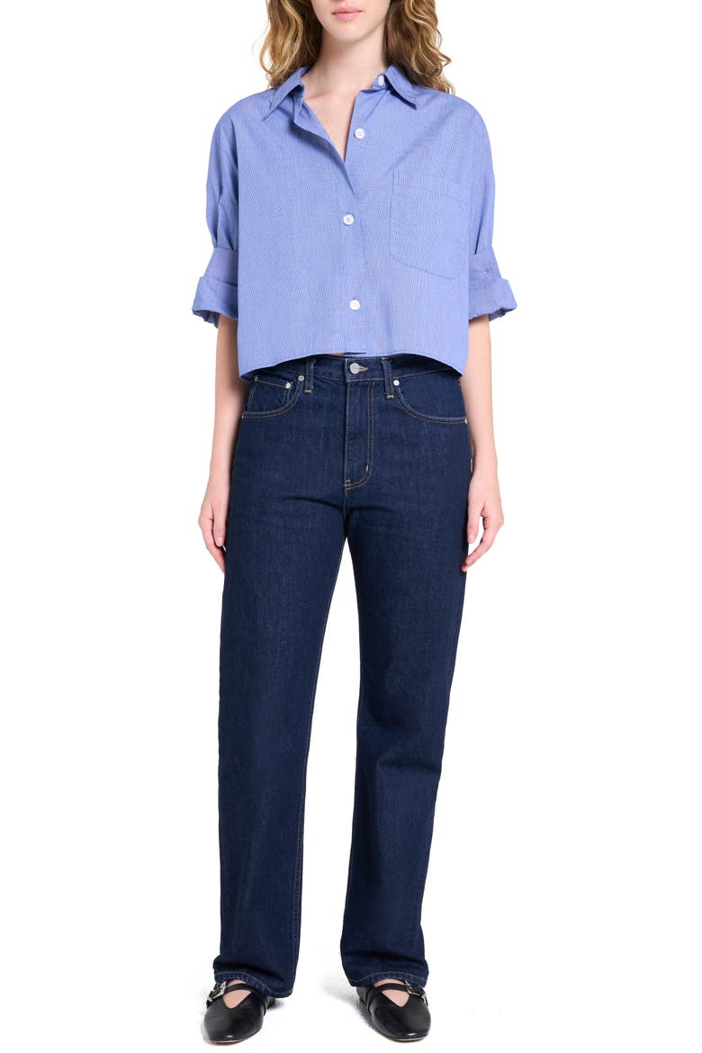 Next Ex Crop Cotton Button-Up Shirt, Alternate, color, WHITE/ NAVY