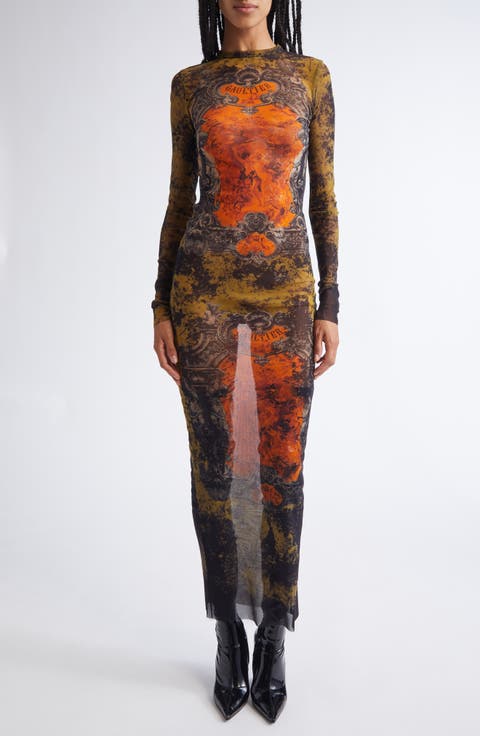 Medallion Print Long Sleeve Mesh Body-Con Dress