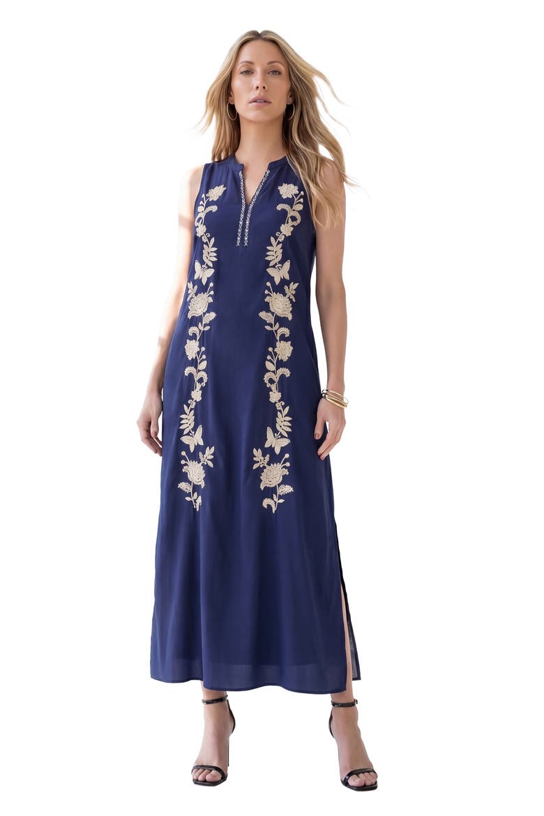 Plus Size Embroidered Sleeveless A Line Maxi Dress, Main, color, NAVY BUTTERFLY FLORAL