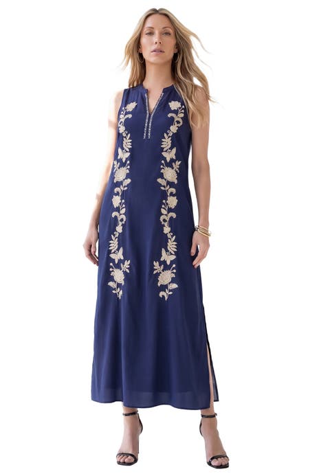 Plus Size Embroidered Sleeveless A Line Maxi Dress