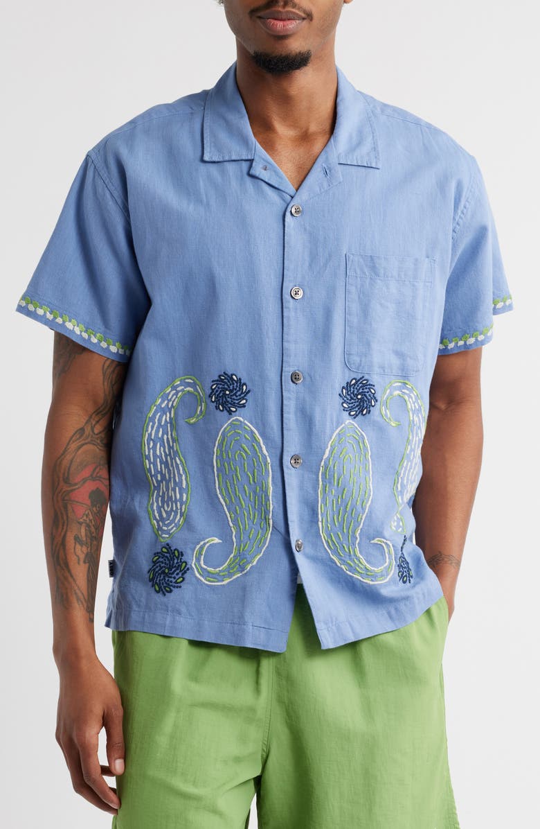 Obey Quentin Embroidered Short Sleeve Cotton & Linen Button-Up Shirt, Alternate, color, Colony Blue Multi