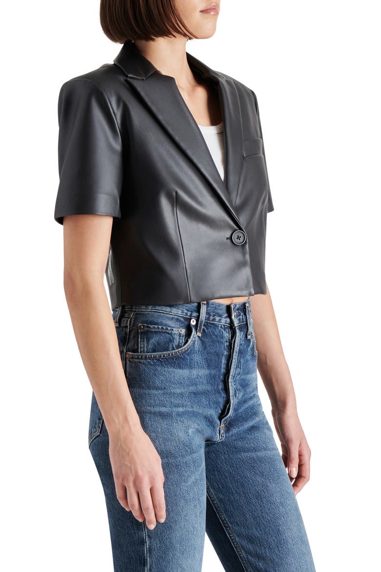 Fayette Short Sleeve Faux Leather Blazer, Alternate, color, BLACK