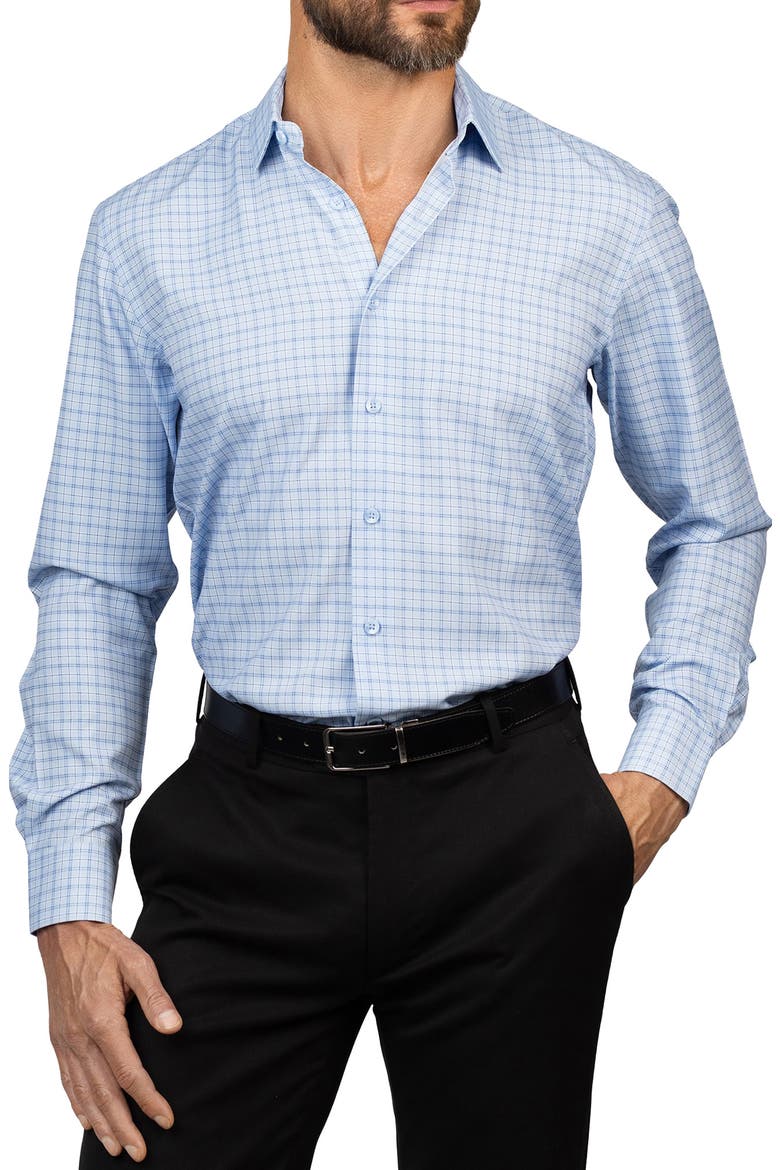 Trim Fit Plaid Dress Shirt, Main, color, LIGHT BLUE MEDIUM