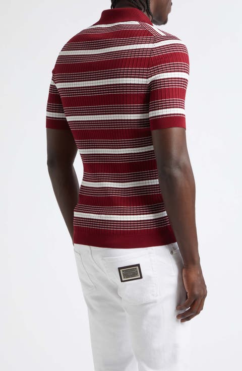 Stripe Cotton Blend Rib Polo Sweater