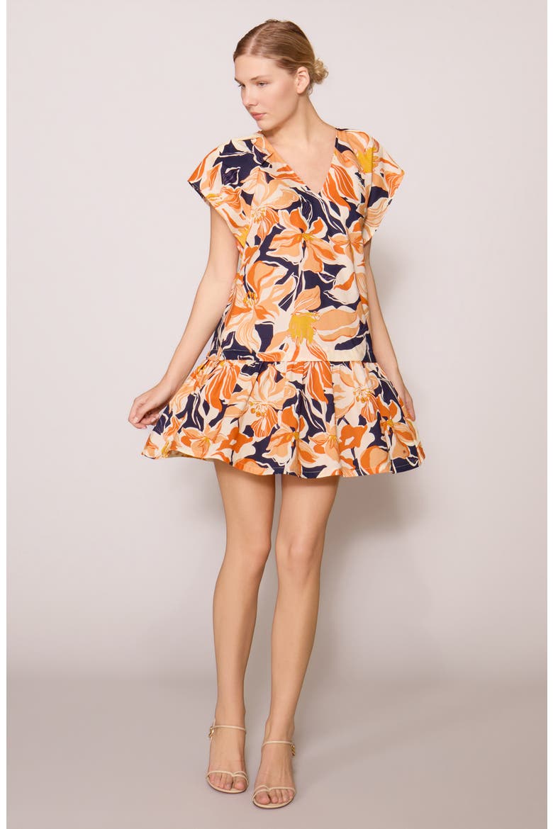 Floral Cap Sleeve Drop Waist Minidress, Alternate, color, ORANGE NAVY MULTI
