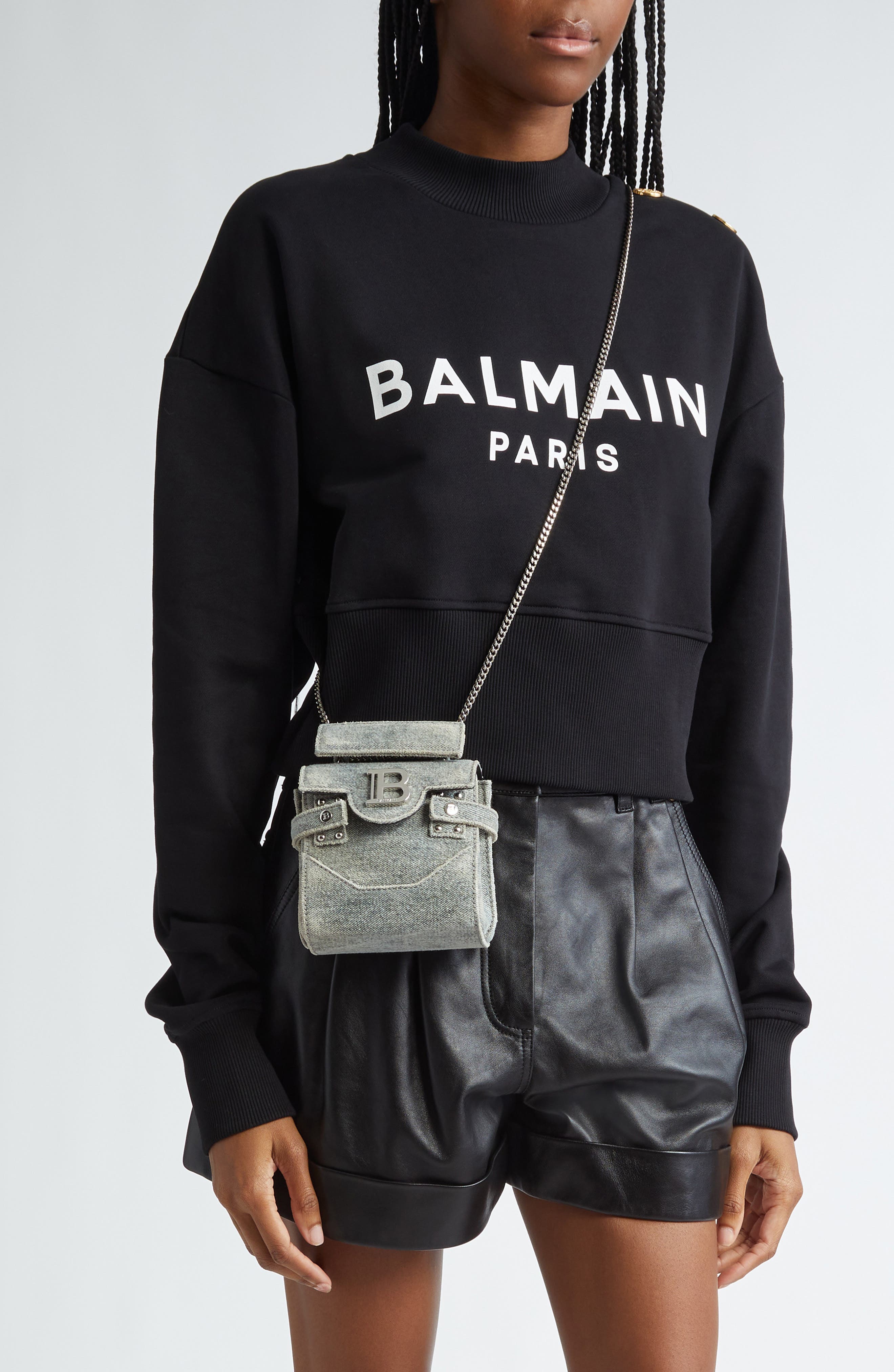 Balmain Mini B-Buzz Denim Crossbody, Alternate, color, 