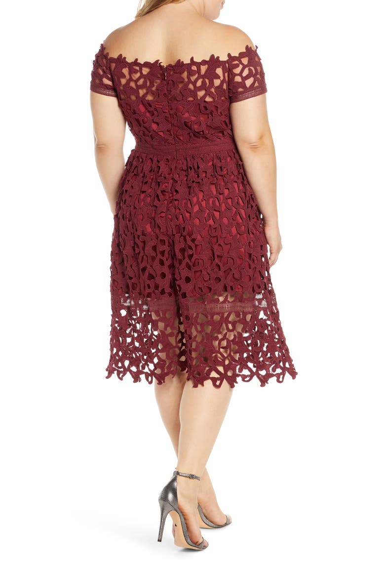 Curve Lizana Off the Shoulder Lace Cocktail Dress, Alternate, color, BURGUNDY