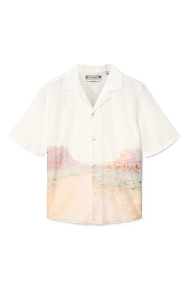 AllSaints Monument Mountainscape Print Slub Cotton Camp Shirt, Alternate, color, Tern White