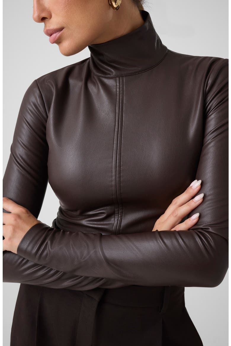 Mock Neck Faux Leather Top, Alternate, color, CHOCO ESPRESSO
