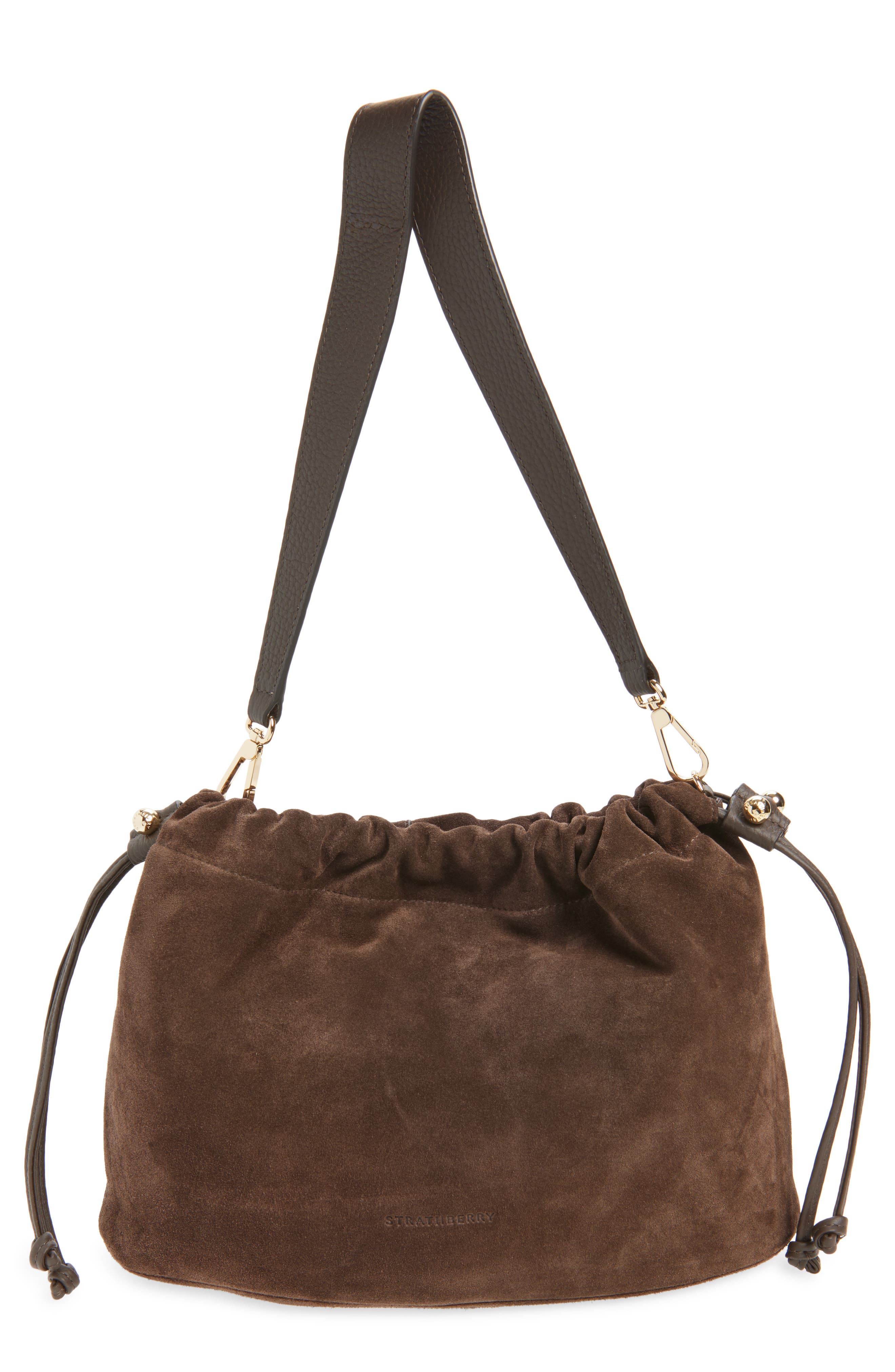 Strathberry Midi Suede Drawstring Handbag, Main, color, Chocolate