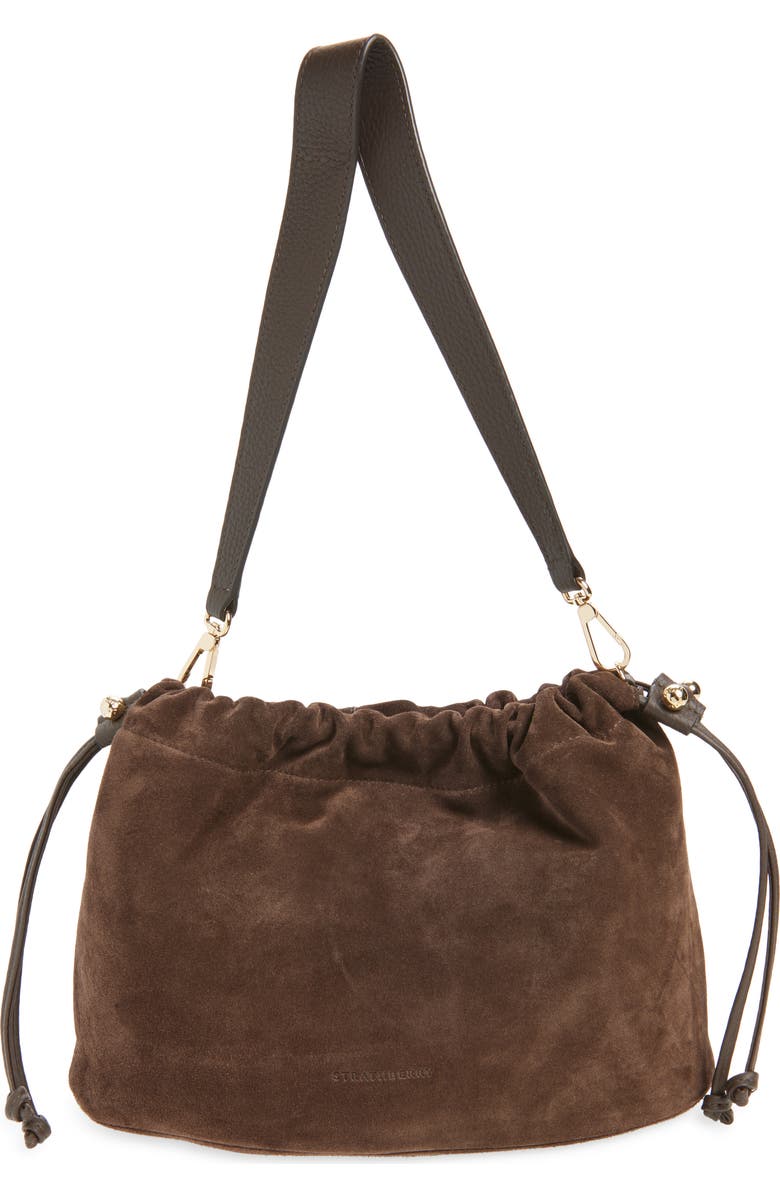 Strathberry Midi Suede Drawstring Handbag, Main, color, Chocolate