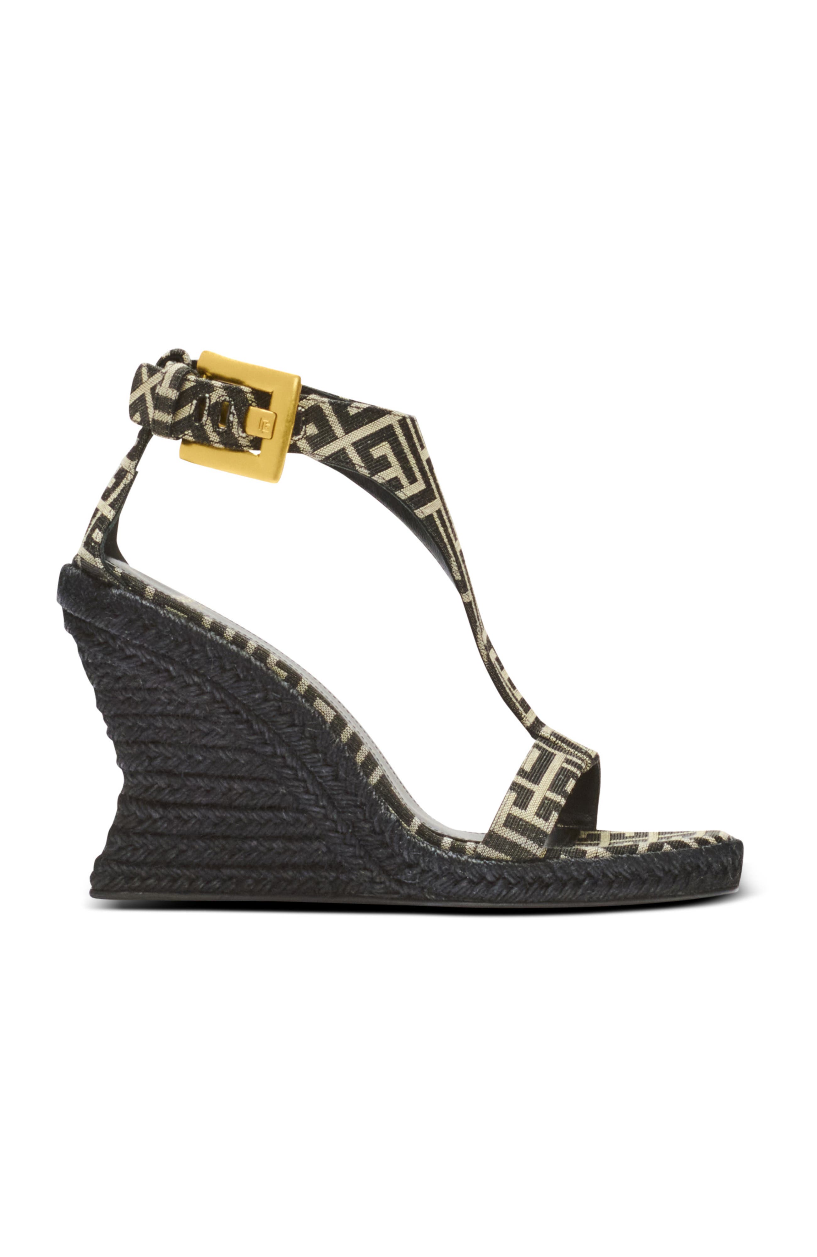Balmain Anthem wedge espadrilles in monogram jacquard, Alternate, color, Black
