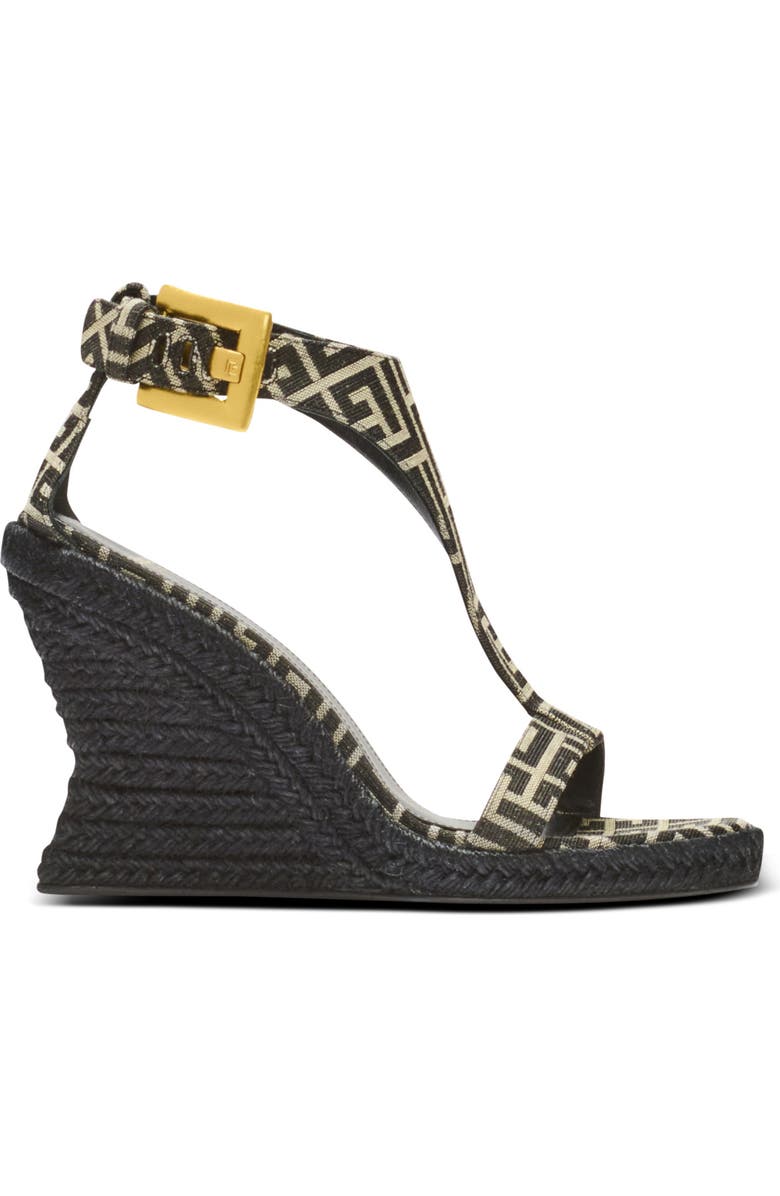 Balmain Anthem wedge espadrilles in monogram jacquard, Alternate, color, Black