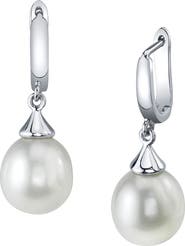 The Pearl Source White Freshwater Teardrop Pearl Leverback Earrings