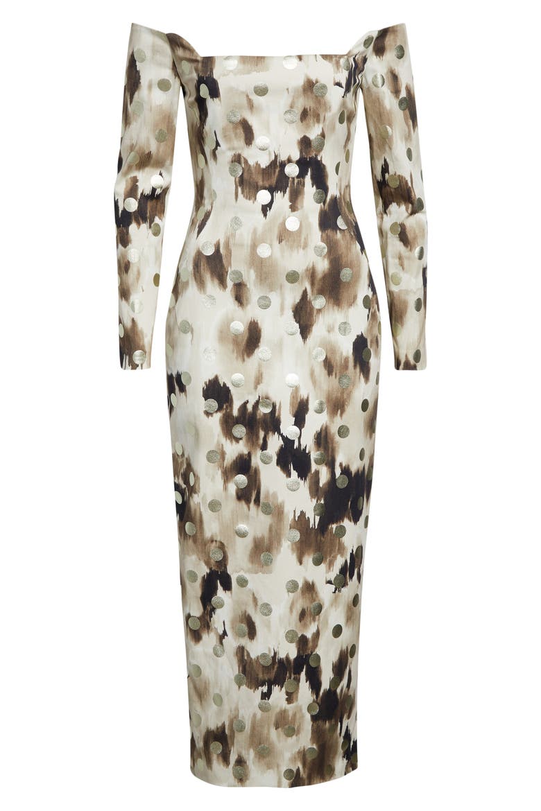 Ikat Polka Dot Off the Shoulder Midi Dress, Alternate, color, CREAM MULTI
