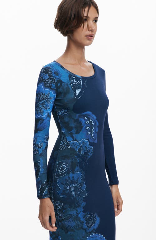 Desigual Floral Print Long Sleeve Midi Dress In Blue