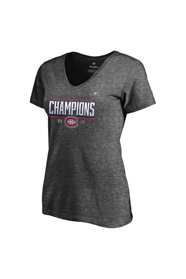 Women's Fanatics Branded Heathered Charcoal Montreal Canadiens 2021 Stanley Cup Semifinal Champions Plus Size Locker Room V-Neck T-Shirt, Alternate, color, Heather Charcoal