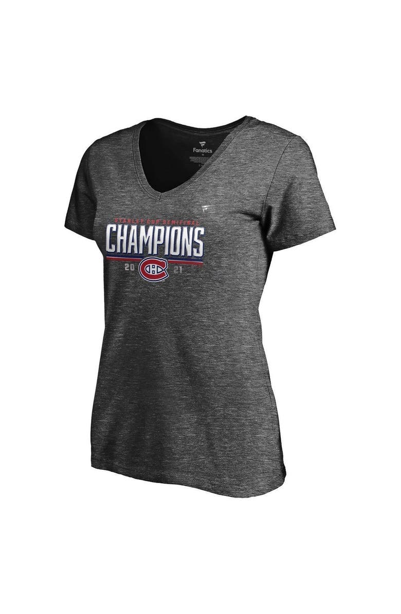 FANATICS Women's Fanatics Branded Heathered Charcoal Montreal Canadiens 2021 Stanley Cup Semifinal Champions Plus Size Locker Room V-Neck T-Shirt, Alternate, color, 