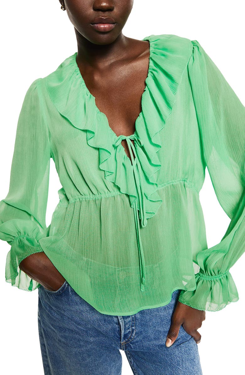 MANGO Ruffle Neck Sheer Blouse, Main, color, 