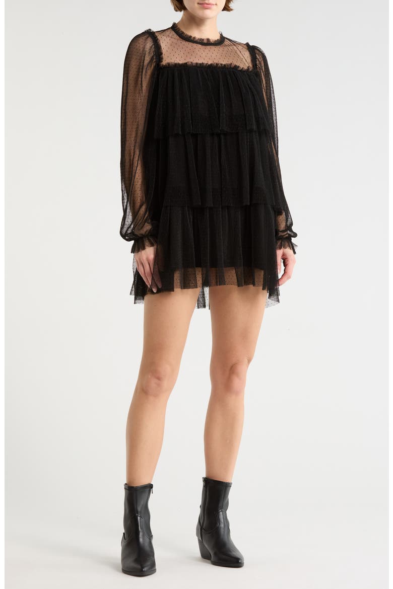 Long Sleeve Tulle Minidress, Main, color, BLACK