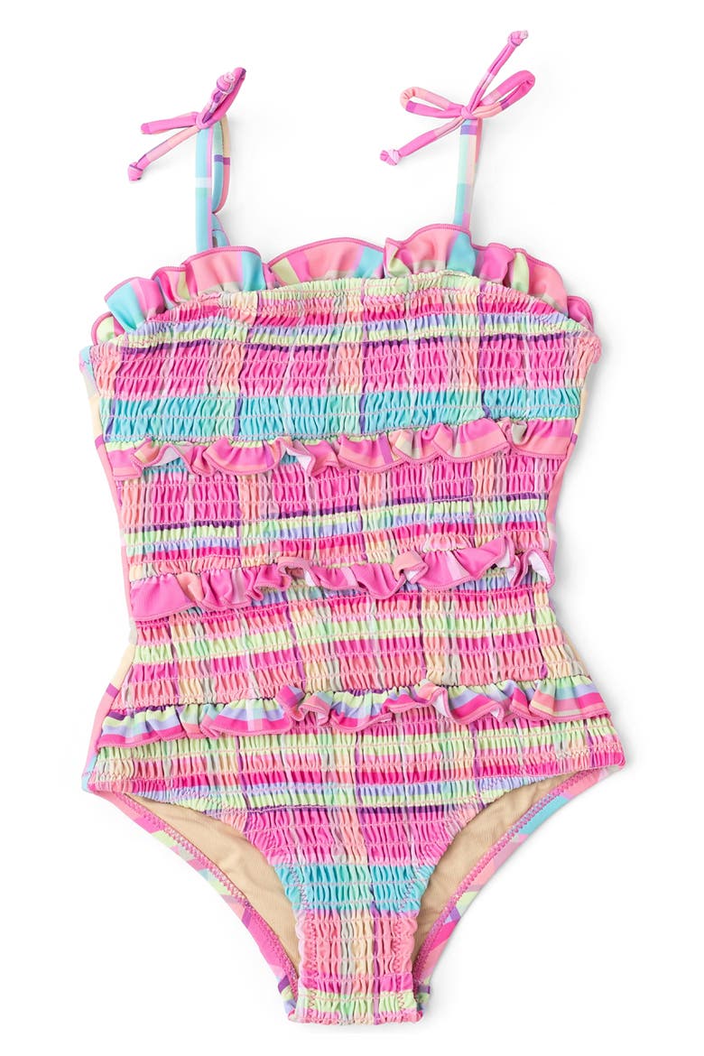Kids' Summer Plaid Smocked One-Piece UPF 50+ Swimsuit, Main, color, GREEN MULTI