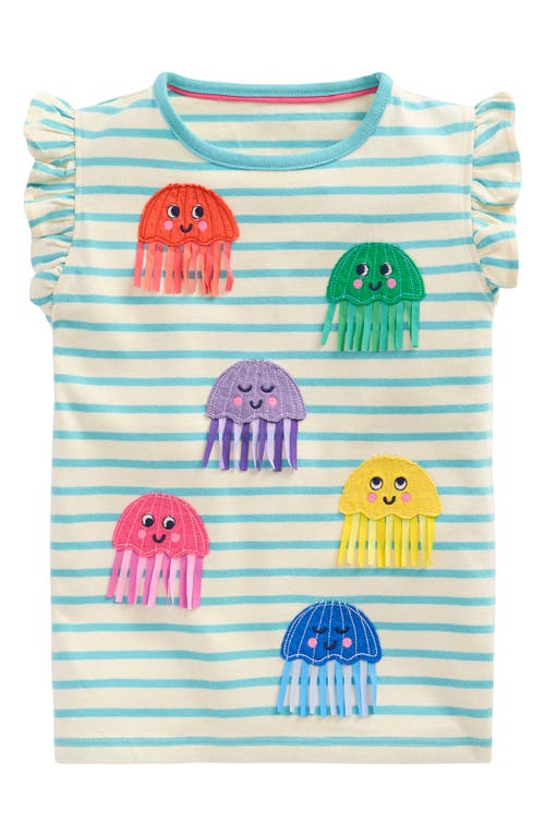 Mini Boden Kids' Stripe Jellyfish Appliqué Flutter Sleeve Cotton Graphic T-shirt In Caribbean Blue Jellyfish